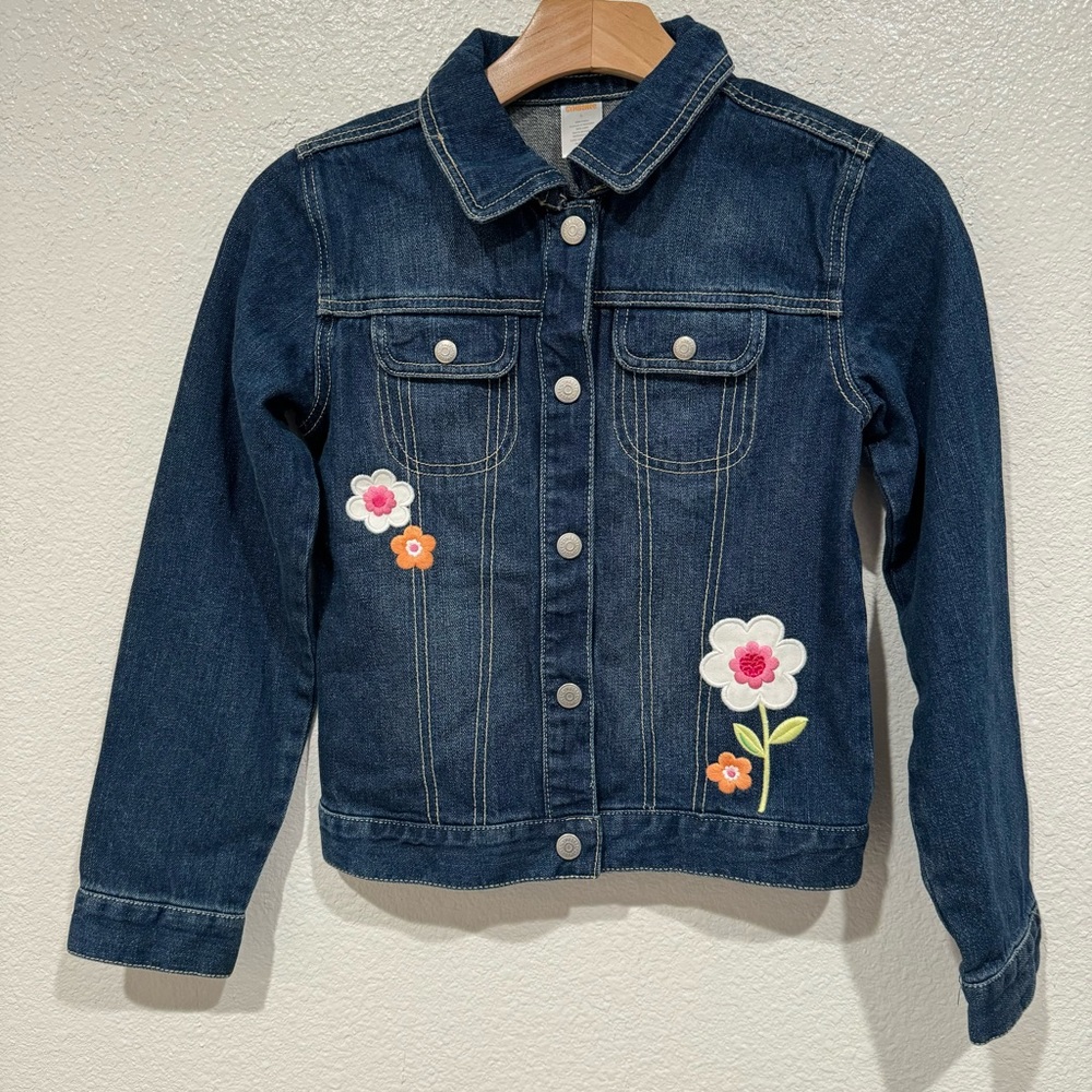 Kids Gymboree Girls Dark Wash Blue Floral Embroidered Denim Jean Jacket Size 10